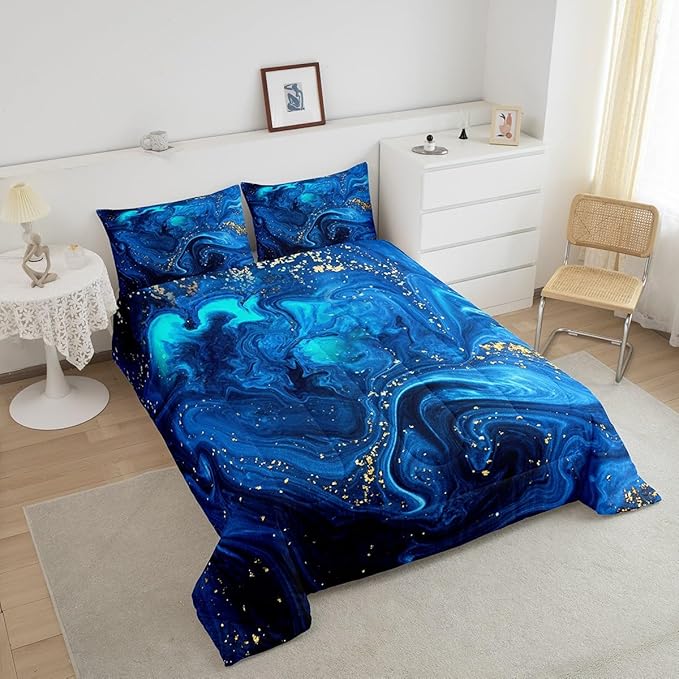 Blue Marble Comforter Set Twin, Ombre Blue Fluid Bedding Set Trippy Liquid Down Comforter Gypsy Golden Sequins Printed Duvet Set Tie Dye Gradient Soft Bedding Comforter Sets with 2 Pillowcases