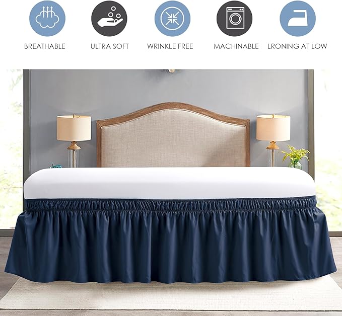 FreshCulture Twin Bed Skirt, Elastic Wrap Around Bed Skirt Twin Bed, Easy Fit with 15-Inch Tailored Drop, Hotel Quality Bed Skirts for Adjustable Bed (Navy Blue)