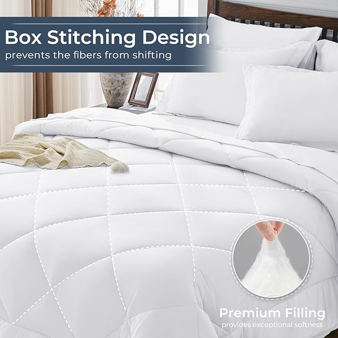 HEVUMYI White California King Comforter Set - 7-Piece All Season Bed in a Bag Cal King, Ultra Soft Bedding Set with Comforter, Flat Sheet, Fitted Sheet, Pillowcases, Pillow Shams
