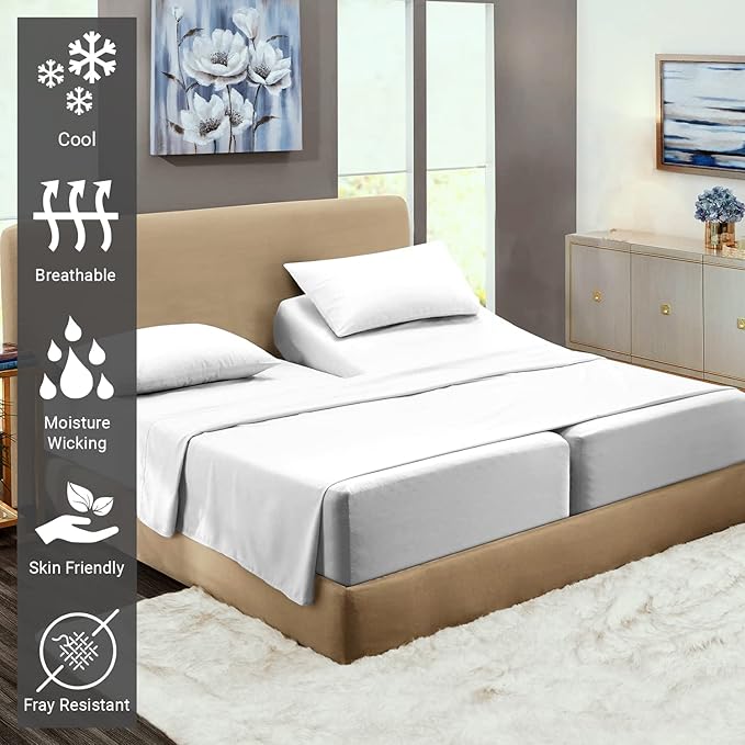 Pizuna Pure 100% Cotton Sheets Split King Size, Luxurious 400 Thread Count Long Staple Cotton Sateen Sheets with 15" Deep Pocket (Combed White Sheet Split King)