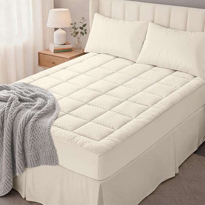 OLANLY King Quilted Fitted Mattress Pad, Elastic Fitted Mattress Topper, Cooling Soft Mattress Cover Stretches up to 21 Inches Deep, Machine Washable Mattress Protector (78x80 inch, Ivory White)