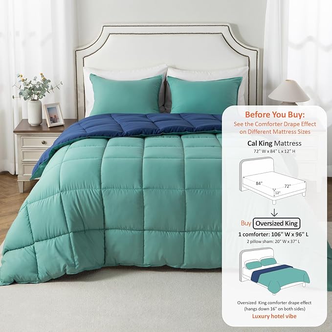 KASENTEX California King Comforter Set – Reversible Dual Color – Goose Down Alternative – Ultra-Soft, Lightweight, Machine Washable, Fluffy, All Season Warmth (Turquoise Sea Green/Twilight Blue)