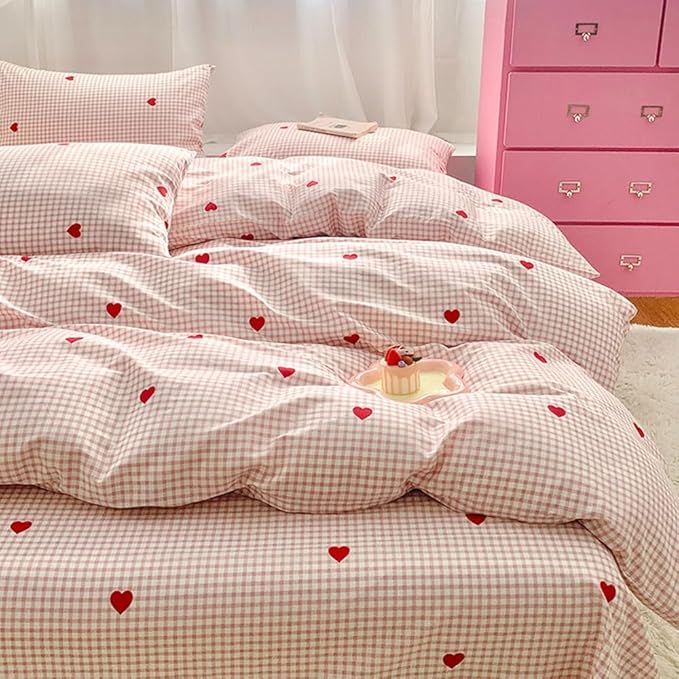 Nayoroom Gingham Duvet Cover Full Size Pink Plaid Red Heart Printed on White Bedding Set 3 Pcs Kids Girls Cute Heart-Shaped Comforter Cover with Zipper Closure Soft Breathable Microfiber