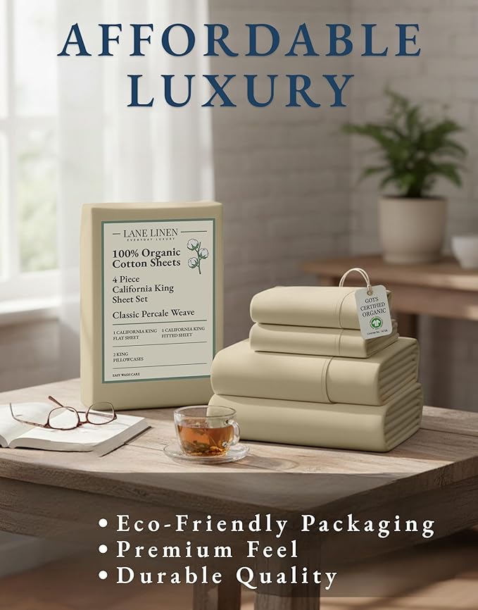 LANE LINEN 100% Organic Cotton Fully Elasticized California King Sheet Set, Low Pilling Fade Resistant Machine Washable Naturally Cooling Cal King Bedding Set, Soft & Comfy Cotton Sheets – Linen