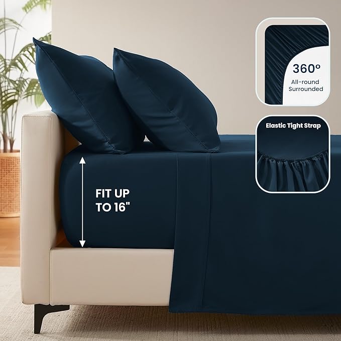 SLEEP ZONE Nanotex Super Soft Cooling Twin Bed Sheets Set for Kids 3 Piece - Easy Care Fitted Flat Sheet & Pillowcase Sets - Wrinkle Free, Fade Resistant, Deep Pocket 16" (Navy Blue, Twin)