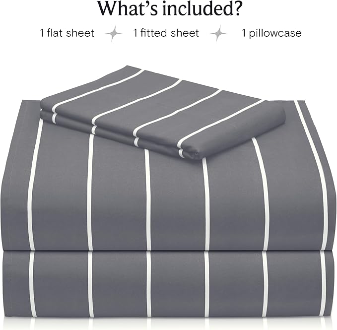 LuxClub Striped Sheets, 3 PC Striped Bed Sheets Twin Size for-Boys-and-Girls-Deep Pockets 18" Eco Friendly Wrinkle Free-Kids-Fitted Sheets Machine Washable Hotel Bedding (Twin, Light Grey)