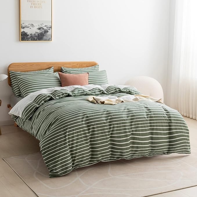 JELLYMONI Full Duvet Cover Set, Cotton Duvet Cover 3 Pieces with Zipper Closure, 1 Duvet Cover and 1 Pillowcases(Green with White Striped)