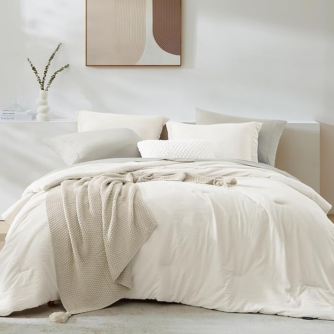 WRENSONGE Full Size Comforter Set- 7 Pieces White Bed in a Bag Full Size Comforter with Fitted Sheet, Flat Sheet, 2 Pillow Shams, 2 Pillowcases, Warm Bedding Sets for All Season