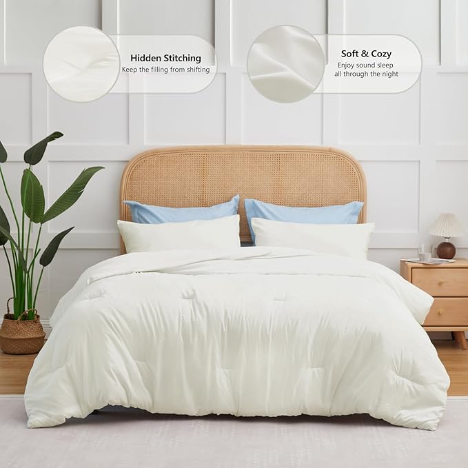 CozyLux King Size Comforter Set Ivory, 3 Pieces Solid Breathable Quilted Style Bedding Sets for Girls, Luxury Soft Microfiber Down Alternative Comforter Bed Set (1 Comforter & 2 Pillowcases)