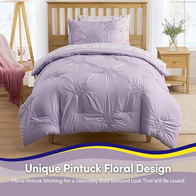 Floral Pintuck Comforter Set Twin Size – Bed in a Bag with Sheets, Pillowcases & Shams – Soft Stylish Sports Bedding – All Season Boys Basketball Bed Set