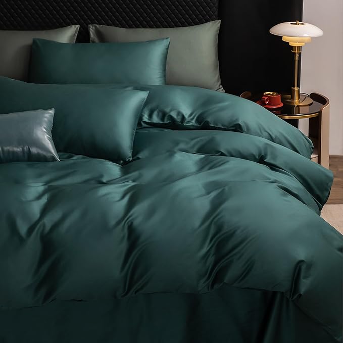 MooMee Duvet Cover Set 100% Extra Long Staple Cotton 600 Thread Count Silky Sateen Smooth Luxury Soft Breathable Durable Hotel Quality Bedding, 3 Pieces (Forest Green, King 104"x90")