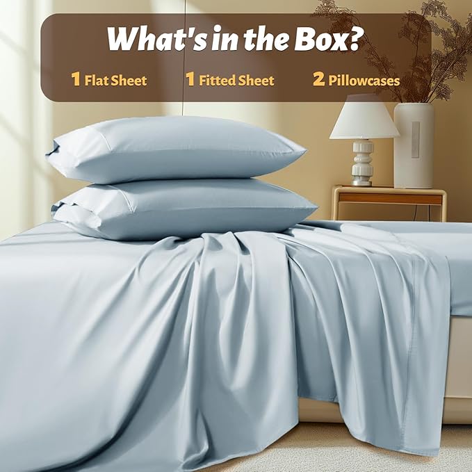 Shilucheng 100% Egyptian Cotton Queen Size Sheets Set - 1000 Thread Count，Luxury Cotton Bed Sheets，Breathable & Cooling Bedding and Pillow Cases, 16 Inch Deep Pocket - 4 Piece(Light Blue,Queen)