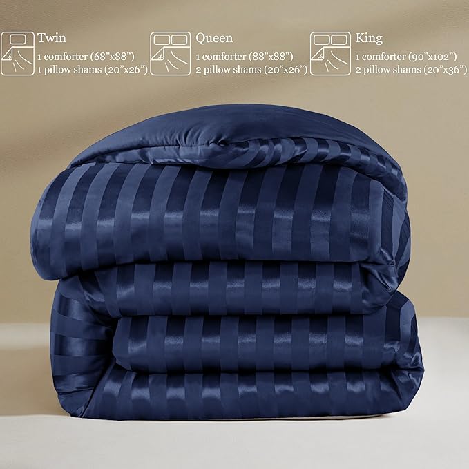 Whale Flotilla 3-Piece Reversible Silky Soft Queen Comforter Set, Luxury Stripe Satin Comforters Full Size Bedding Set with 2 Satin Pillowcases, Lightweight Duvet for All Seasons, Navy