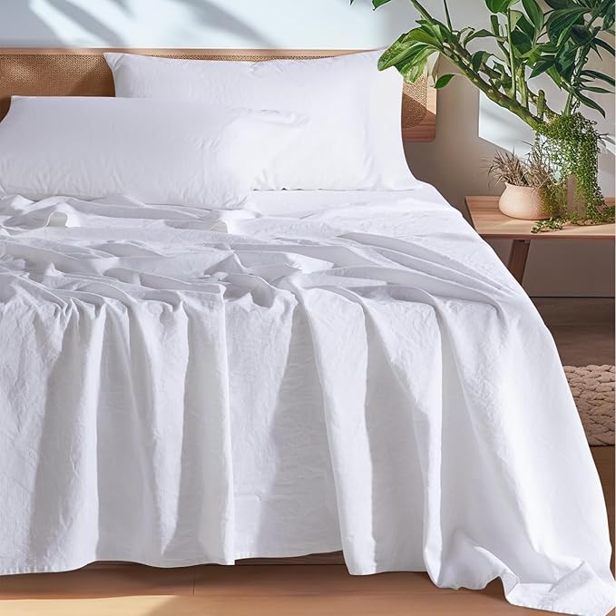 SONORO KATE 100% French Pure Linen Sheets, Breathable and Durable Linen Queen Size Sheets, Anti-Tear Linen Bed Sheets, Machine Washable, 16 Inch Deep Pocket - 4 Piece (White, Queen)