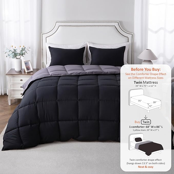 KASENTEX Twin/Twin XL Comforter Set – Reversible Dual Color – Goose Down Alternative – Ultra-Soft, Lightweight, Machine Washable, Maintain Fluffiness, All Season Warmth (Jet Black/Tornado)