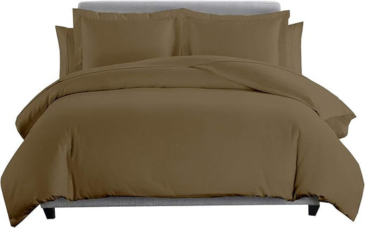 8 Pieces 100% Cotton Solid Taupe King Goose Down Bed in a Bag Set Including 600TC Sheet Set + 600TC Duvet Cover Set+ All Season Striped Goose Down Comforter 600 Fill Power