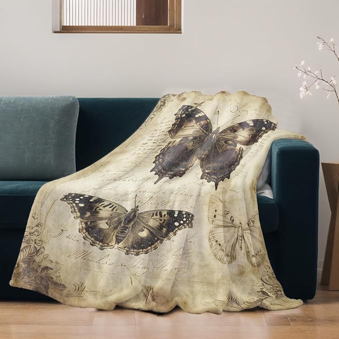 Retro Moth Blanket Lightweight Blankets Gifts for Adults Flannel Throw with Vintage Butterfly and Old Paper Background Printed for Sofa, Bed, Travel, Picnic, Office, Decor Throws 80x60 Inch
