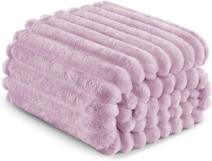 Exclusivo Mezcla King Size Flannel Fleece Blanket, Super Soft Striped Jacquard Bed Blanket, Lightweight Fuzzy Cozy for All Seasons, 90x104 Inches, Lilac Purple