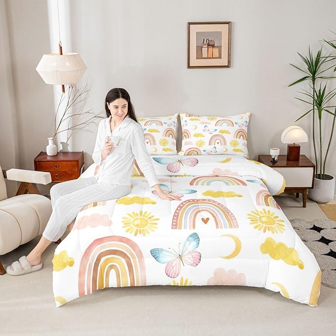 Rainbow Comforter Set Full Size, Girls Butterfly Bedding Sets, Cartoon Rainbow Quilt Sets, Colorful Sun Clouds Comforters, Iridescent Print Down Comforter, Geometric Stripes Soft Lightweight Bedding