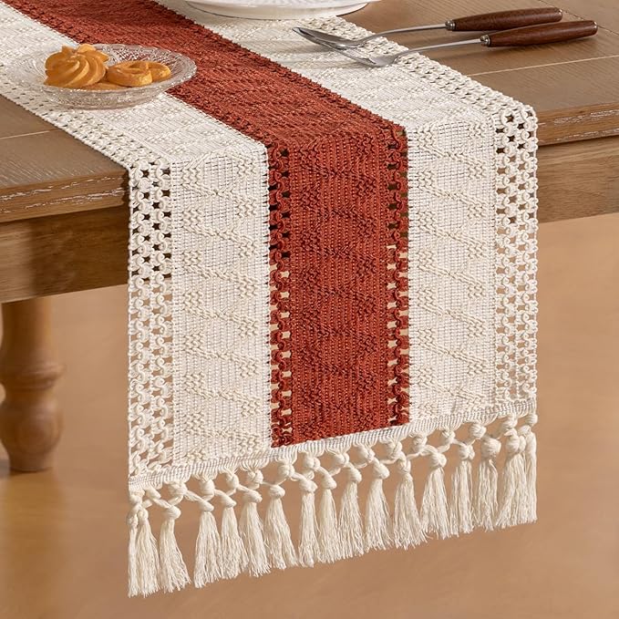 Socomi Boho Table Runner Easter Spring Farmhouse Rustic Dining Kitchen Small Macrame Woven Cotton Linen Coffee Table Runner for Dresser Scarf Home Decor 12x60 inch Terracotta Ivory