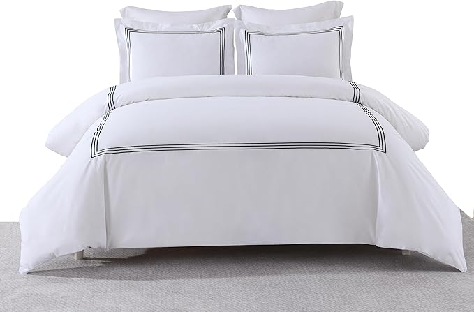 Royal Hotel Bedding Embroidered Adeline 3pc Comforter Cover with Pillow Shams, Duvet Cover Set, 100% Cotton Percale, Full/Queen, White and Black