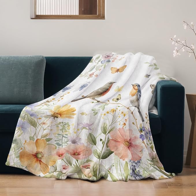 Bird Blanket Lightweight Blankets Gifts for Nature Lover Flannel Throw with Colorful Butterfly and Wildflower Printed for Sofa, Bed, Travel, Camping, Office, Spring Decor Throws 50x40 Inch