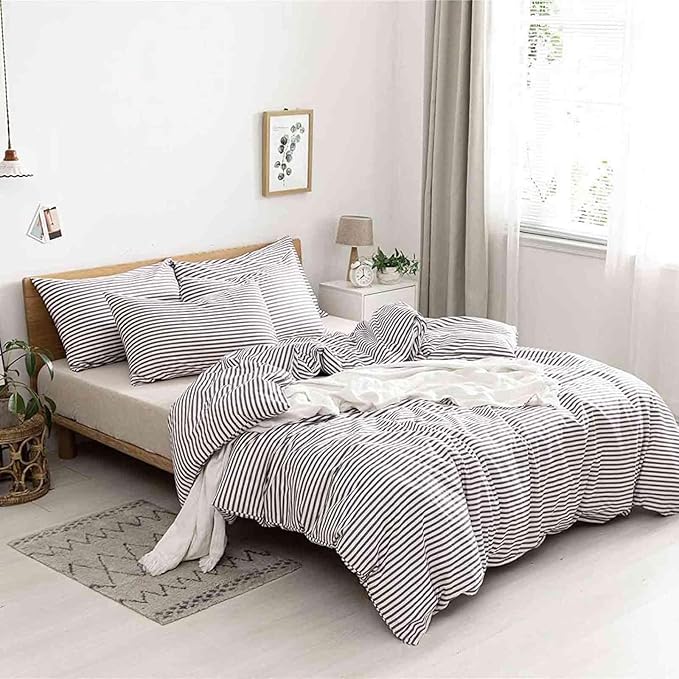 Nanko Striped King Size Duvet Cover Set, White and Grey Stripe Print Pattern 3 PCS - Microfiber Bedding Sets Comforter Cover Zip, Tie - Modern Farmhouse Style for Men and Women Teen, 104 X 90 in Gray