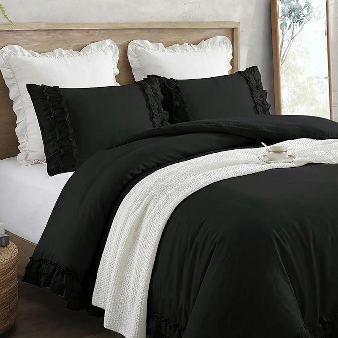 Bedorm Black Duvet Cover Twin Pleated Ruffled Bedding Set Shabby Chic Lace Ruffle Fringe French Country Room Decor Super Soft Cozy Black Boho Duvet Cover Sets