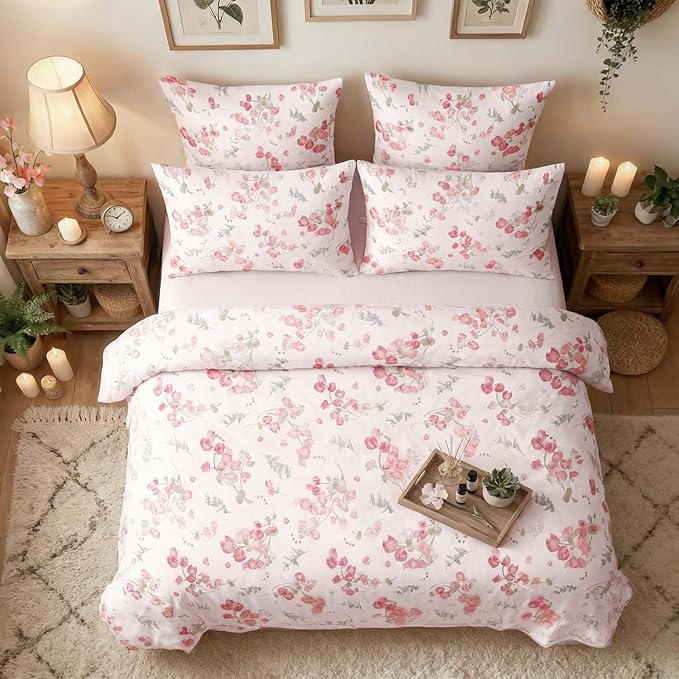 Nayoroom Pink Floral Duvet Cover Queen Size Spring Botanical Blooms Flower Cottagecore Duvet Cover 3 Pieces Soft Lightweight Microfiber Aesthetic Bedding Set Gift for Women Men