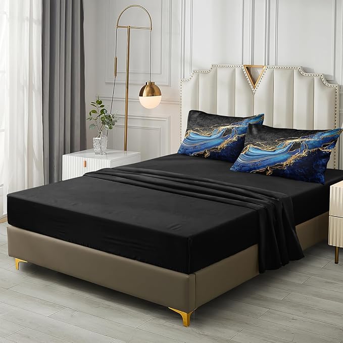 Blue and Gold Bedding Blue Marble Comforter Set 8 Pieces Queen Bed in a Bag with 1 Black Gold Comforter, 1Flat Sheet, 1 Fitted Sheet, 4 Pillowcases, 1 Marble Cushion Cover