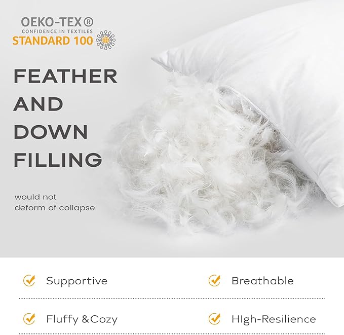 SAVORI Set of 2 Down and Feather Throw Pillow Inserts 12x20 Soft Fluffy Pillow Inserts with 100% Down-Proof Cotton Cover, Decorative Square Cushion Inner for Sofa Couch Bed-White