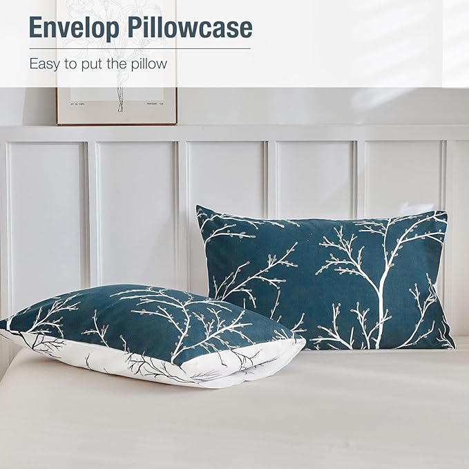 Lekesky Reversible Duvet Cover Queen Size, Dark Blue White Thin Branch Comforter Covers Queen 3pc Ultra Soft Microfiber Breathable Stylish Bedding Sets with Zipper Ties