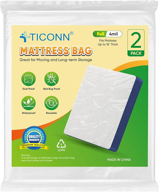 TICONN 2PK Plastic Mattress Bag for Moving Storage, Waterproof Mattress Protector Cover, Heavy-Duty Mattress Moving Supplies (4 mil, Full)