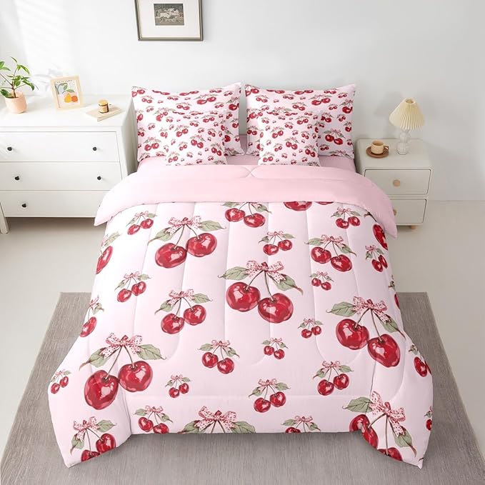 Feelyou Red Cherry Comforter Set with Sheets 7 Piece Twin Size Pink Bowknot Bed in a Bag Kids Boys Girls Cartoon Cherry Bedding Set Cute Bow Bedroom Decor Breathable Soft Lightweight Microfiber