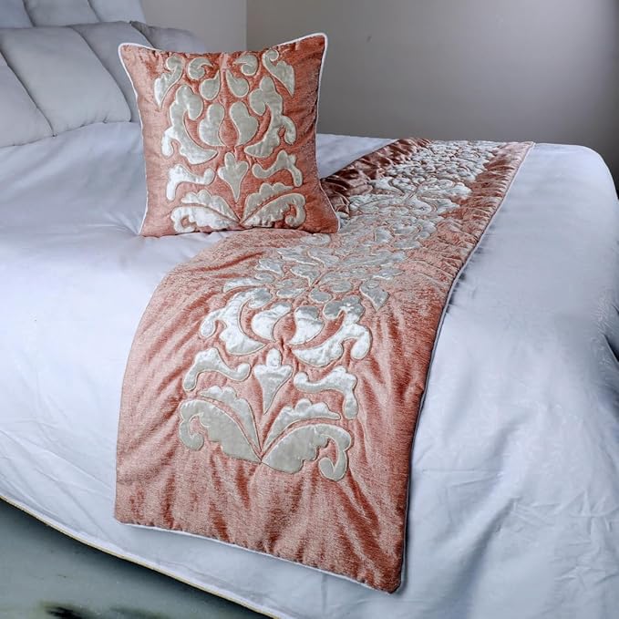 The HomeCentric Decorative Peach & Ivory Queen 74 x 18 inch Bed Runner with 2 Matching Pillow Cover, Velvet Applique Bed Scarf, Abstract Modern - Peach Elegance