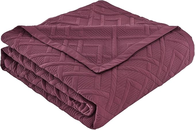 CHIXIN Quilt King Size - Geometric Pattern Bedspread Coverlet Set - Modern & Contemporary Style Bedding Cover, Ultrasonic Quilting, Reversible, Lightweight, 4 Piece, Burgundy & Wisteria