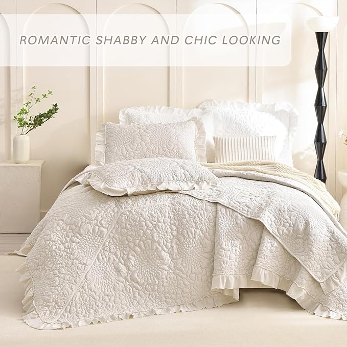 Lady Ann Wheat Oversized King Quilt 120x120, 3 Pcs Stone-Washed Crinkled Oversized Bedspread Set Ruffled Coverlet, Extra Large Quilted Blanket Farmhouse Rustic Shabby Bedding Sets Chic for All Season