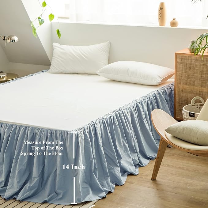 BISELINA French Linen Bed Skirt with Pleated Frills 14-Inch Tailored Drop Natural Flax Cotton Blend Dust Ruffle Soft Cozy Farmhouse Bedding (14" Queen, Dusty Blue)