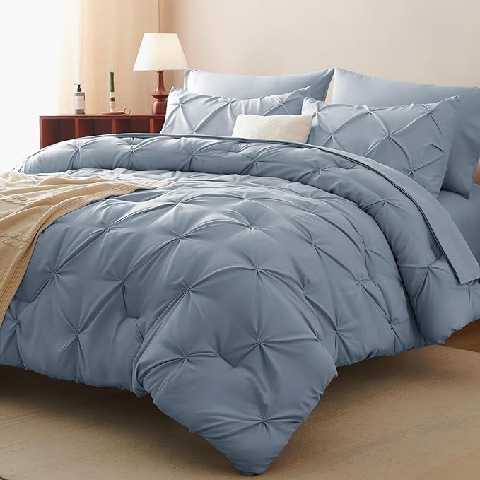 California King Comforter Set Grayish Blue, 7 Pieces Pintuck Bed in A Bag Cal King Size Bedding, Soft Bed Set All Season Pinch Pleat Comforter Set with Sheets, Pillowcases & Shams