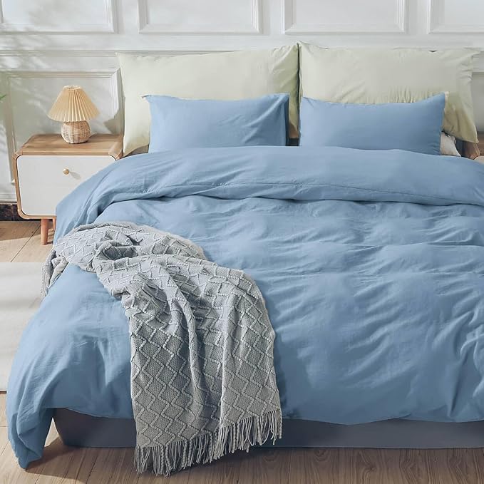 NEXHOME PRO Duvet Cover Set Kids Twin Size Linen Look Textured Organic Natural 100% Washed Cotton Duvet Cover Blue 2 Pieces Bedding Set with Zipper Closure, Corner Ties, Breathable (No Comforter)