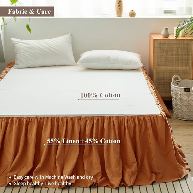 BISELINA French Linen Bed Skirt with Pleated Frills 14-Inch Tailored Drop Natural Flax Cotton Blend Dust Ruffle Soft Cozy Farmhouse Bedding (14" Queen, Rust)