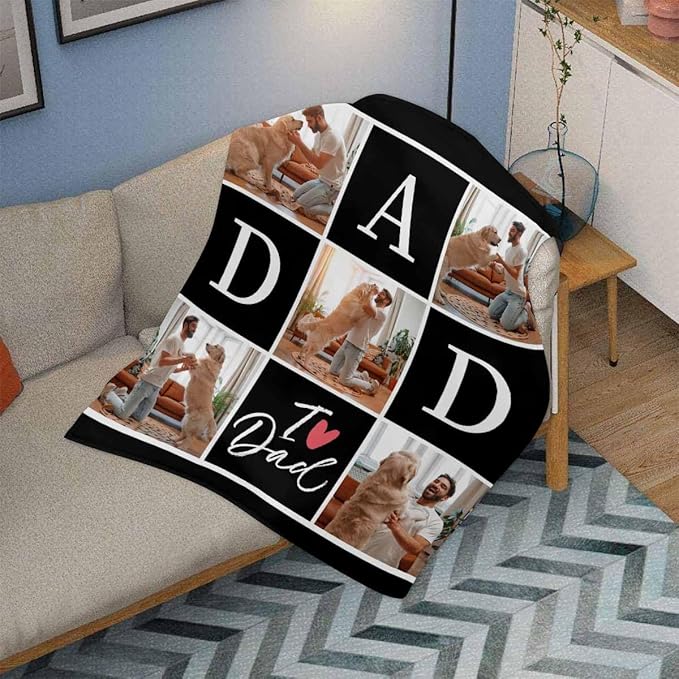 Gifts for Dad Customized Blanket with Photo, 5 Photos Personalized Happy Fathers Day Blankets with Pictures Customized Blanket Best Dad Ever Birthday Gifts for Grandpa Men, 8 Sizes