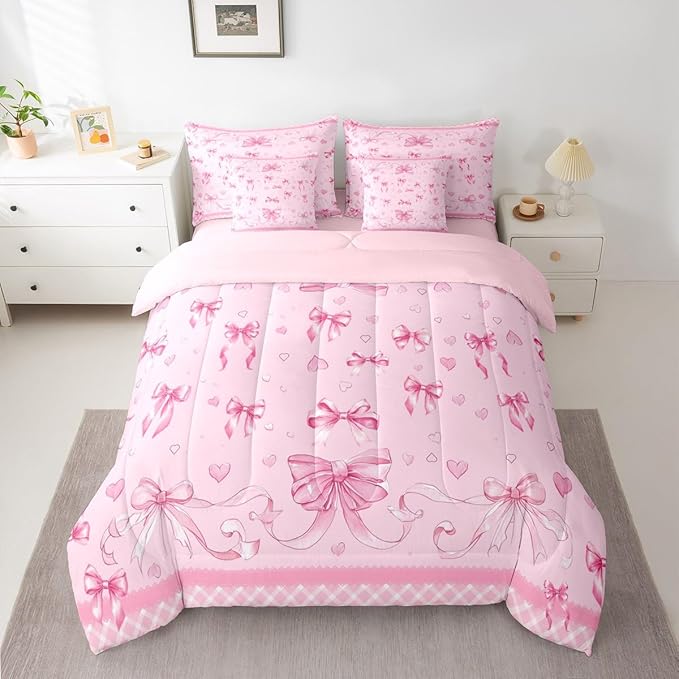 Feelyou Pink Bowknot Queen Comforter Set with Sheets for Kids Boys Girls Dreamy Princess 7 Pieces Bedding Set Cute Bow Bed in a Bag Love Hearts Room Decor Soft Lightweight Microfiber