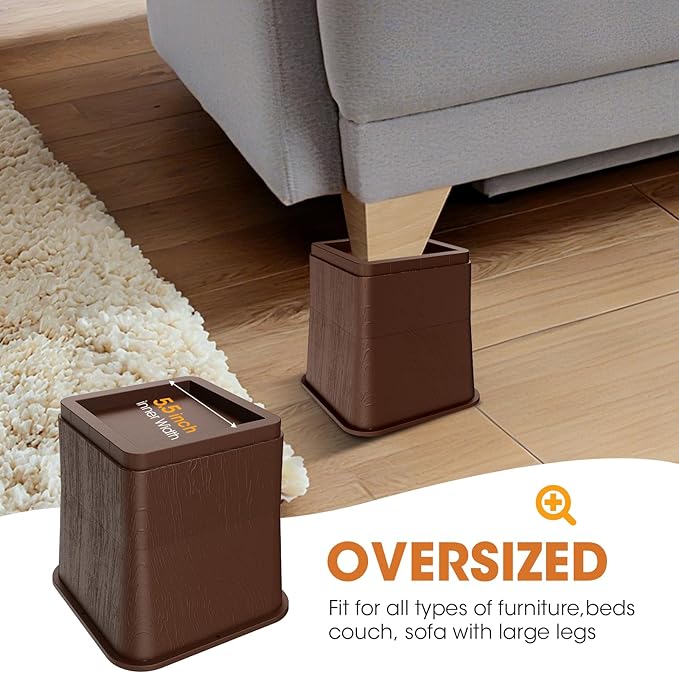 Adjustable Bed Risers,Elevation in 3, 5 or 8 Inch Heavy Duty Risers,Oversized Fit Up to 5.5" Legs, Stackable Bed Raising Blocks for Couches, Tables, Desks (Brown, 8 inch-4 Pack)