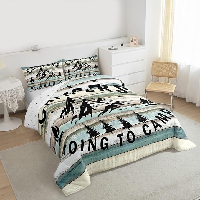 Camper Comforter King Size Happy Camping Bedding for Boys Kids Girls Rustic Farmhouse Style Comforter Set, Camper Accessories for Travel Trailers, Camper Must Haves,Teal Blue Vintage Wooden Quilt Set