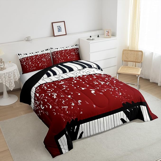 Erosebridal Music Notes Comforter Set for Kids Boys Teens Men Piano Keys Down Comforter King Size Rock Musical Bedding Set Play Piano Duvet Sets Music Bedroom Decor with 2 Pillow Cases Red Black