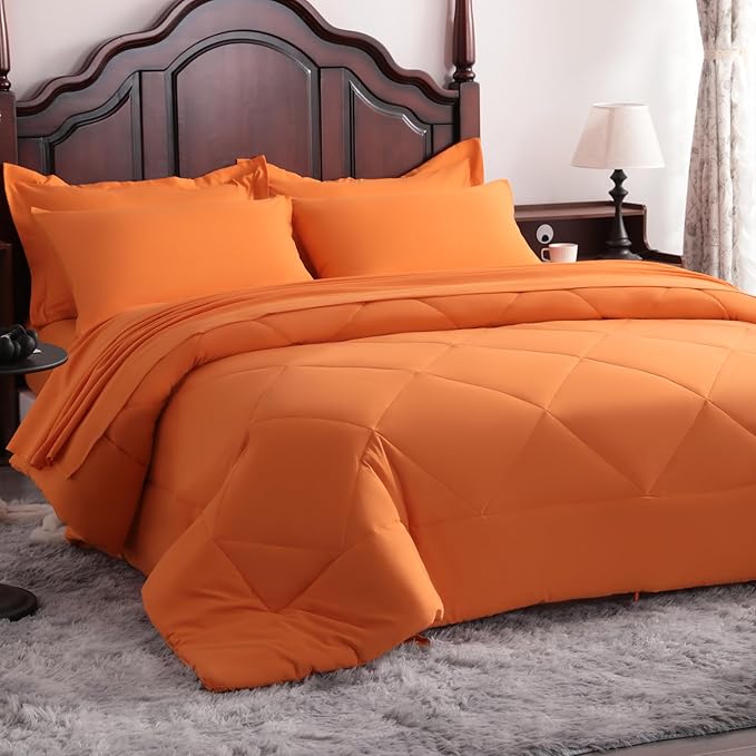 NTBAY King Comforter Set with Sheets, 7 Pieces Soft and Breathable King Bedding Set, Bed in a Bag, Down Alternative Comforter Set Solid Color All Season, Orange