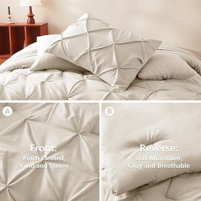 California King Comforter Set Beige, 7 Pieces Pintuck Bed in A Bag Cal King Size Bedding, Soft Bed Set All Season Pinch Pleat Comforter Set with Sheets, Pillowcases & Shams