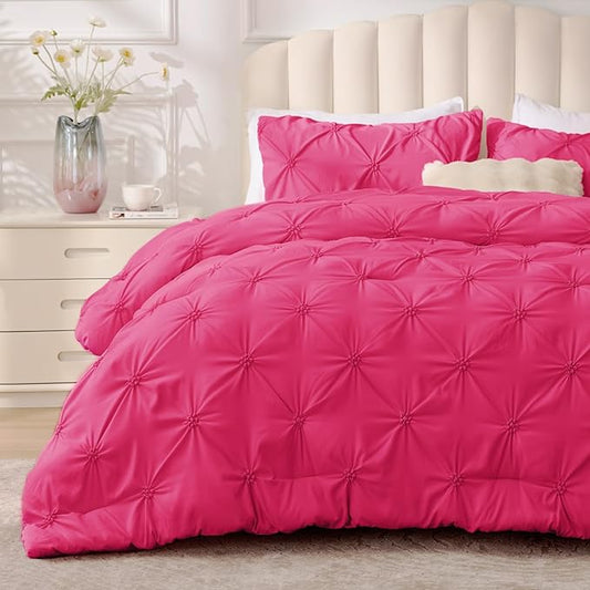 BEDELITE Hot Pink Twin Comforter Set - 2 Peices Boho Pintuck Bedding Comforter Sets, Lightweight Soft & Warm Twin Bedding Sets with 1 Pillowcase for All Season