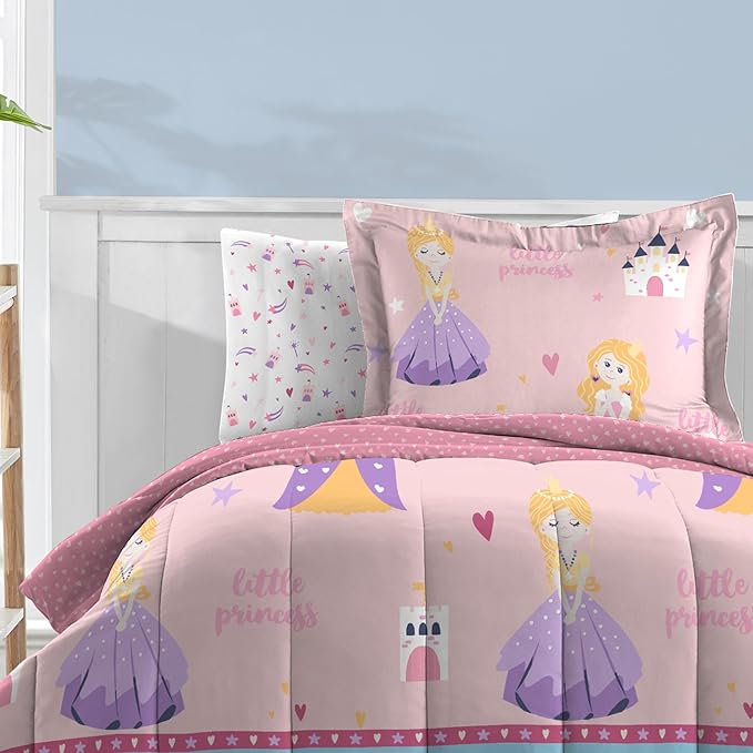 Dream Factory Kids 5-Piece Complete Bed Set Easy-Wash Super Soft Microfiber Comforter Bedding, Twin, Pink Little Princess